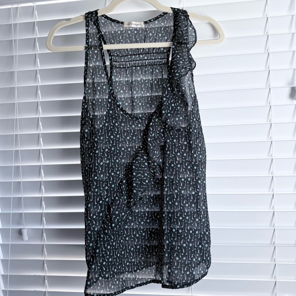 Peppermint Gray Fun Giraffe & Teal Flowers Print Sheer Tank Top - M
